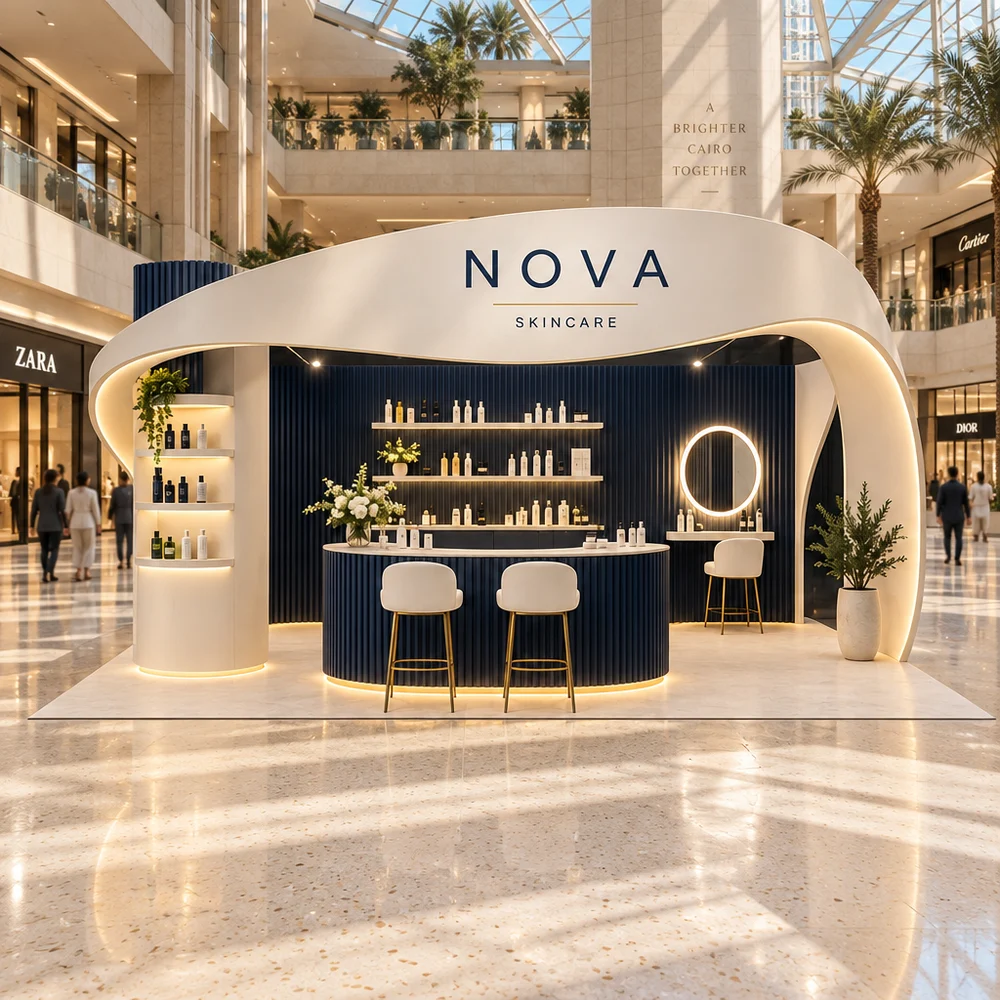 Fictional NOVA booth visualized in a shopping mall atrium