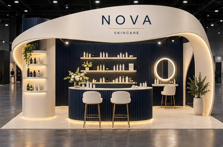 NOVA booth concept with a sculptural cream canopy, navy counter and warm lighting, generated in Fekra